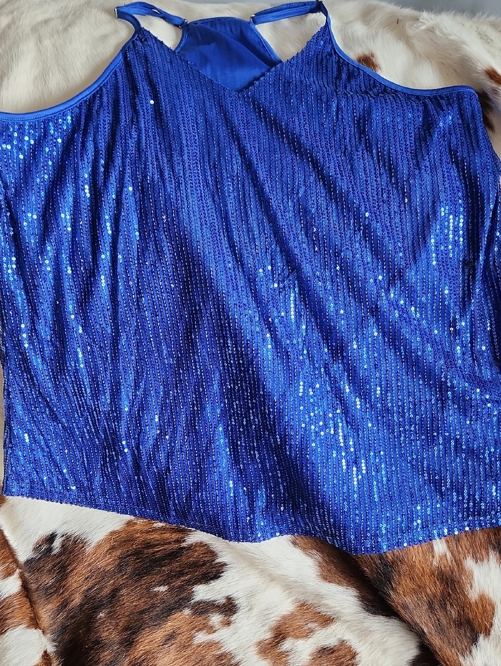 Royal Blue Sequin Cold-Shoulder Tank Top Sz 2 XL